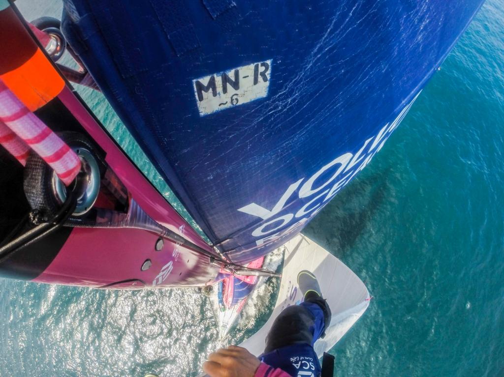 May 24, 2015. Leg 7 to Lisbon onboard Team SCA. Elodie Mettraux, Sally Barkow and Sam Davies trimming and driving in light air.  Volvo Ocean Race 2014-15 © Anna-Lena Elled/Team SCA